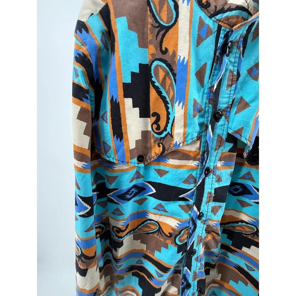 Cowboy Western Rodeo Aztec Shirt Ranch Button Up Bold Print Stand Collar Large - Picture 3 of 8